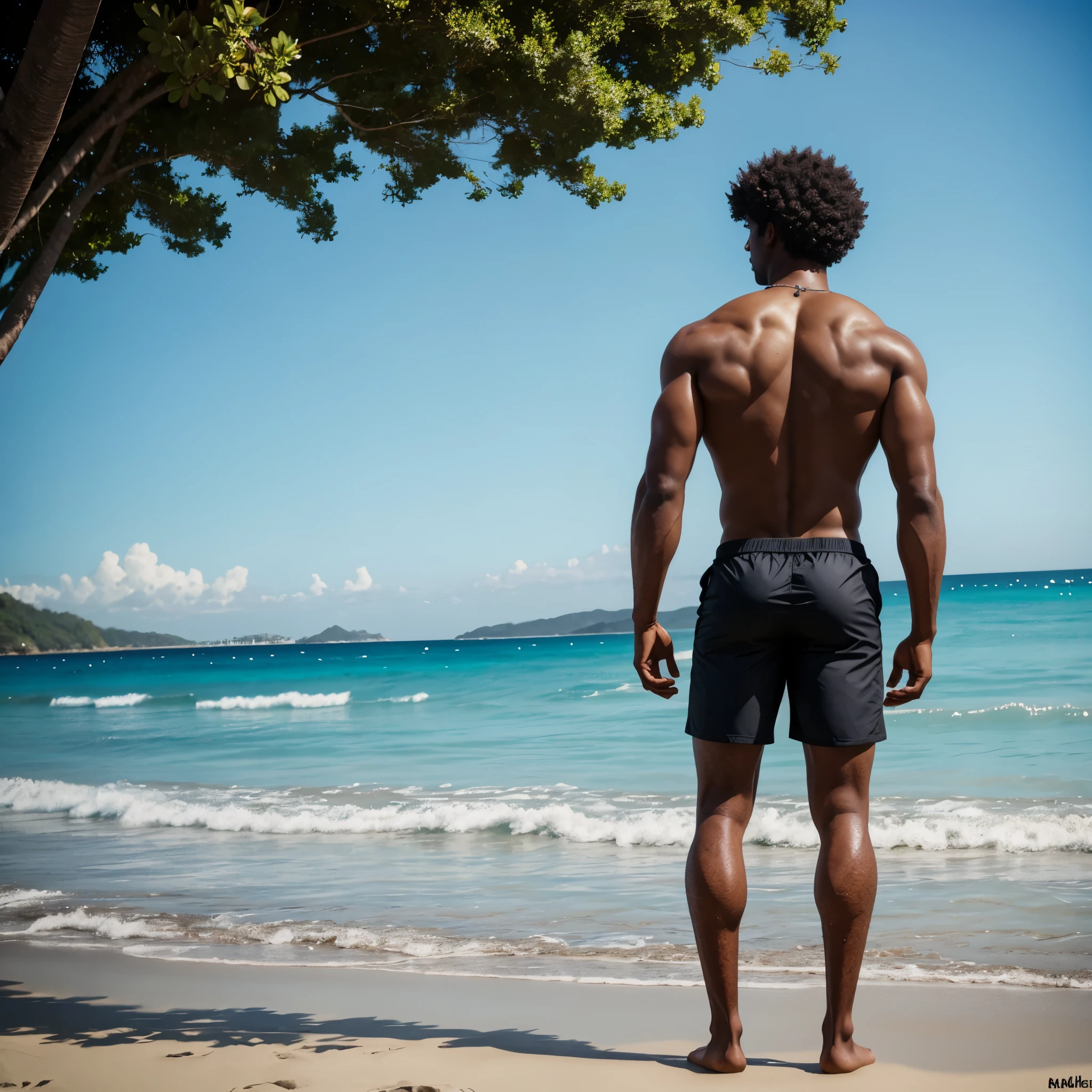 Black man with a visibly fit, defined physique , Rastafarian hair with dreads , wearing no shirt , with wet white swim trunks , coming out of the water on the beach