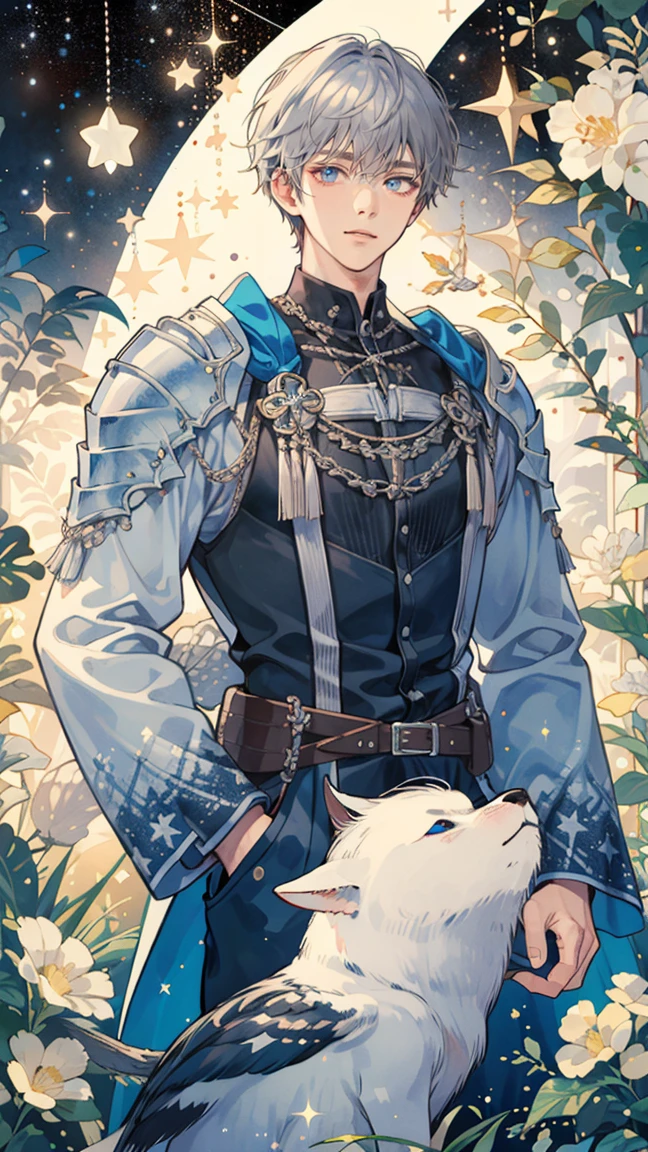 (((masterpiece))),best quality, whitetown,starry sky, 1 man, tall handsome man, board shoulder, sad, short silver hair, knight