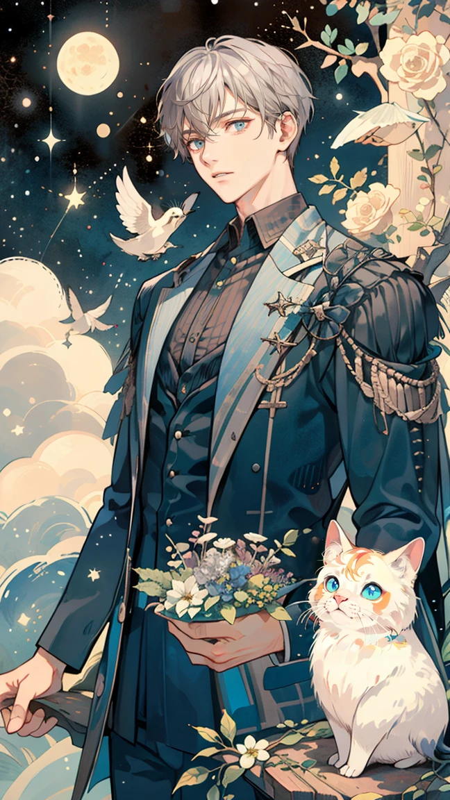 (((masterpiece))),best quality, whitetown,starry sky, 1 man, tall handsome man, board shoulder, sad, short silver hair, knight