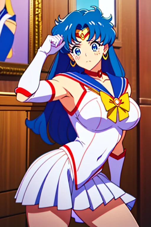 mulher cosplay Sailor Moon exibindo os musculos extremamente definidos malhando