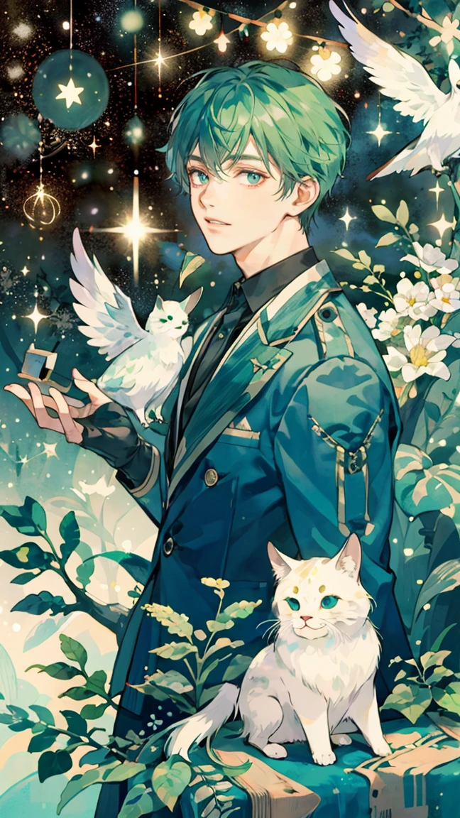 (((masterpiece))),best quality, whitetown,starry sky, 1 man, smile, short green hair, green theme