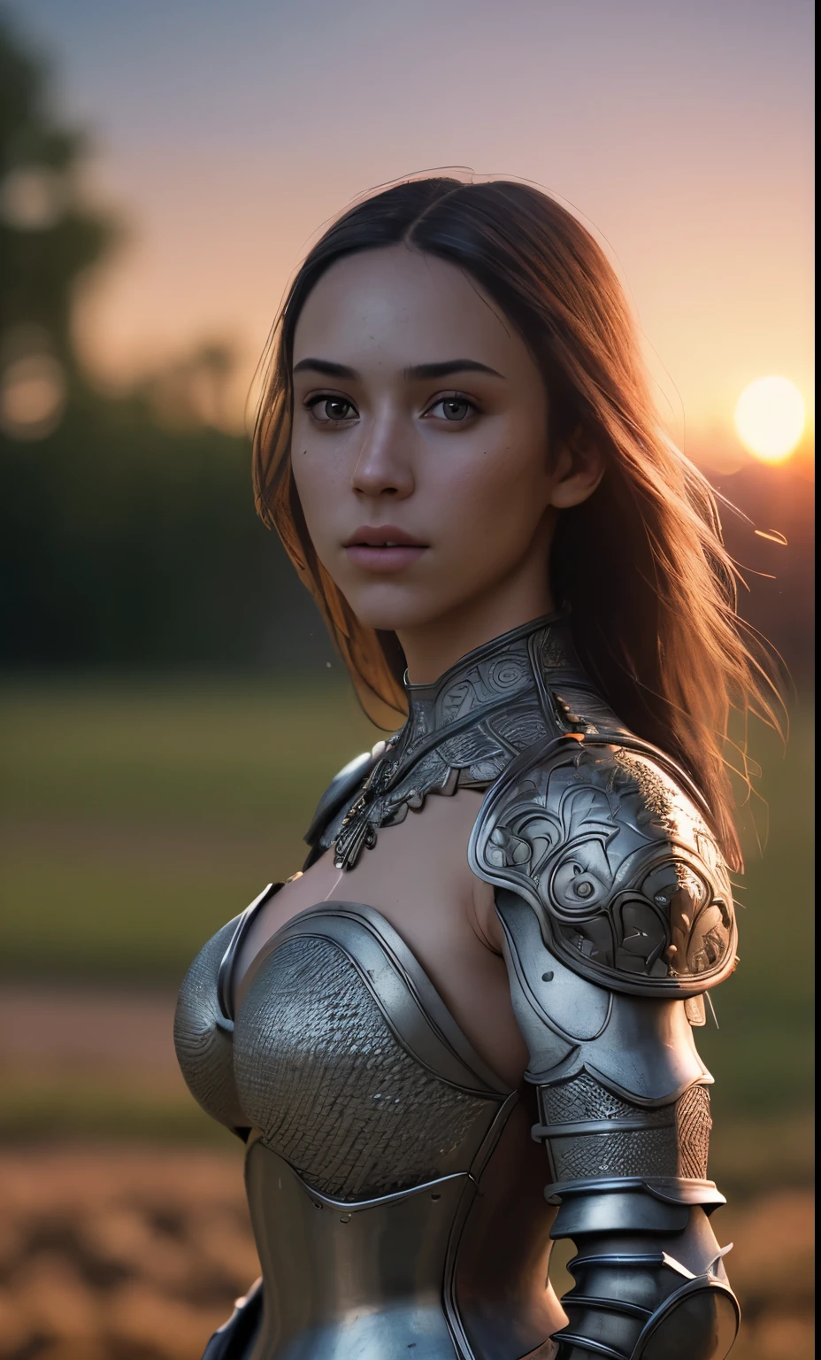 (masterpiece), (extremely intricate:1.3), (realist), portrait of a woman, the most beautiful in the world, naked (medieval armor footprint), metal reflections, Upper part of the body, outdoor, intense sunlight, distant castle, Detailed professional photography of a stunning woman., sharp focus, dramatic, awarded, cinematic lighting, octane render unreal engine,  volumetric dtx, (film grain, blurred background, blurred closeup, bokeh, depth of field, Sunset, Motion blur:1.3), coat of mail