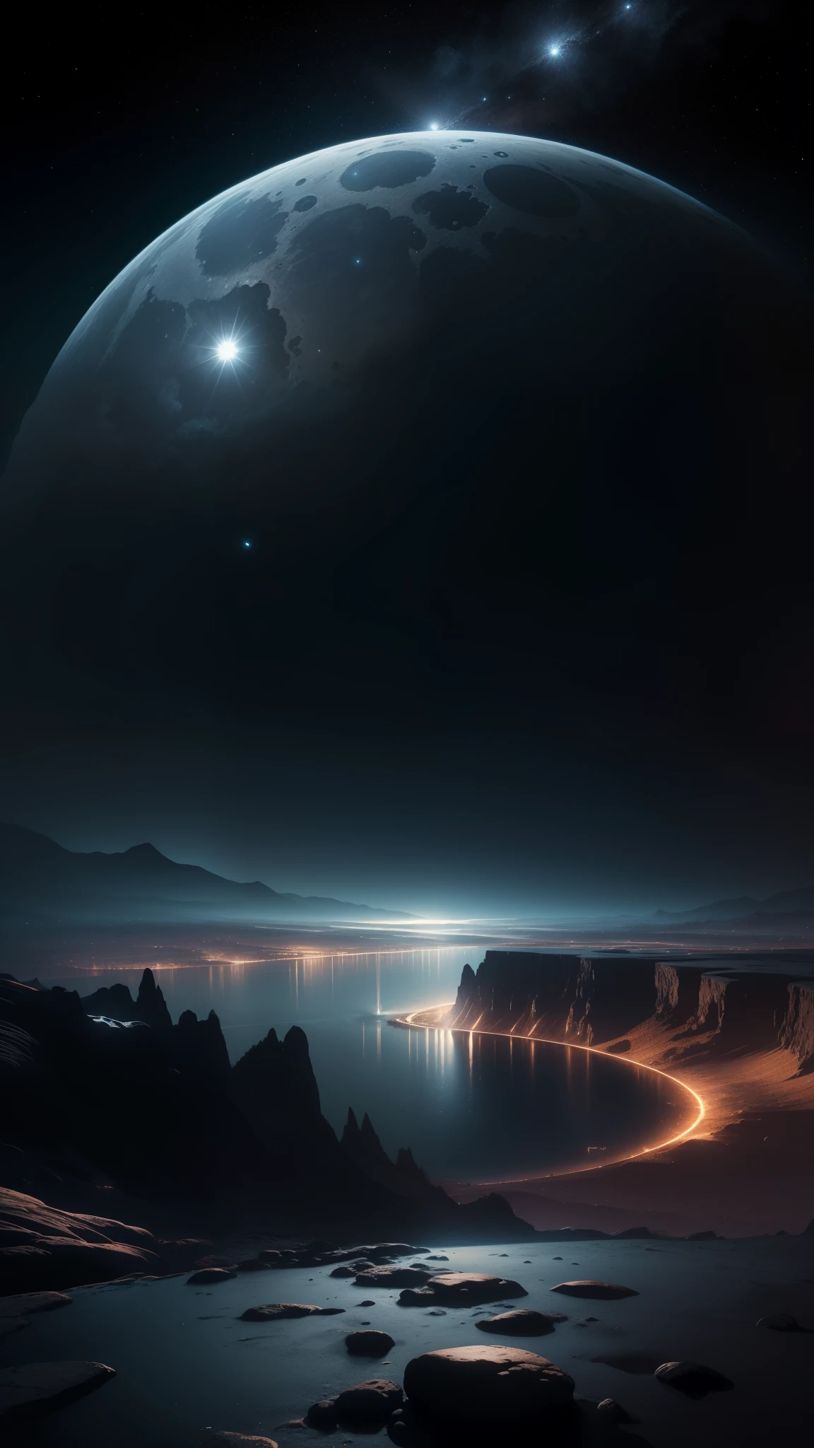 A stunning, ultra-detailed wallpaper featuring a cinematic depiction of a moonlit night. The moon is depicted in high definition, its craters intricately rendered with precise detail. The hdr lighting illuminates the scene, casting long, dramatic shadows on the landscape below. The stars twinkle in the background, adding to the sense of depth and vibrancy. The overall effect is one of tranquility and wonder, evoking a feeling of being transported to another world. 8k, Seamless, High Contrast, Realistic, Surrealistic, Digital Art, Vector Illustration, Watercolor, Impressionism, Cinematic, Hyperrealistic.