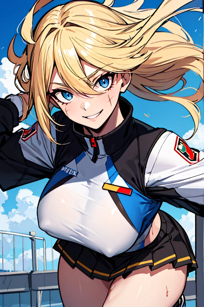 (disorganized, 8K, 4K, masterpiece, very detailed:1.2), alone, 1 girl, Front view, perfect face, 1 girl, portrait, expressive eyes, looking at the viewer, alone, Are standing, woman, toned body, 成熟したwoman, big breasts, pale, platinum blonde hair, long hair, dark blue eyes, flowing bangs, athlete body, stoic, windblown hair, move hair, move clothes, Dark brown skirt. white shirt, German, medal, army, Battleware, scar, medal, messy hair, smile, Happy, heroic, perfect anatomy, friendly, heroism, bright blonde hair, blue sky, sun, cloud, muscular, Half body, white gloves, abs under clothes