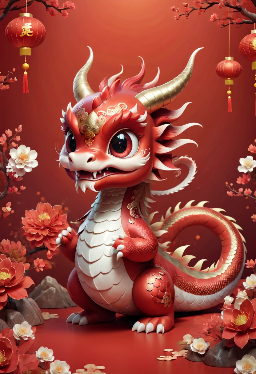 Chinese dragon，Q version，Cute little dragon，Red space，festive atmosphere，Chinese New Year，CNY，Chinese elements，Cartoon，Cute pet，Lively