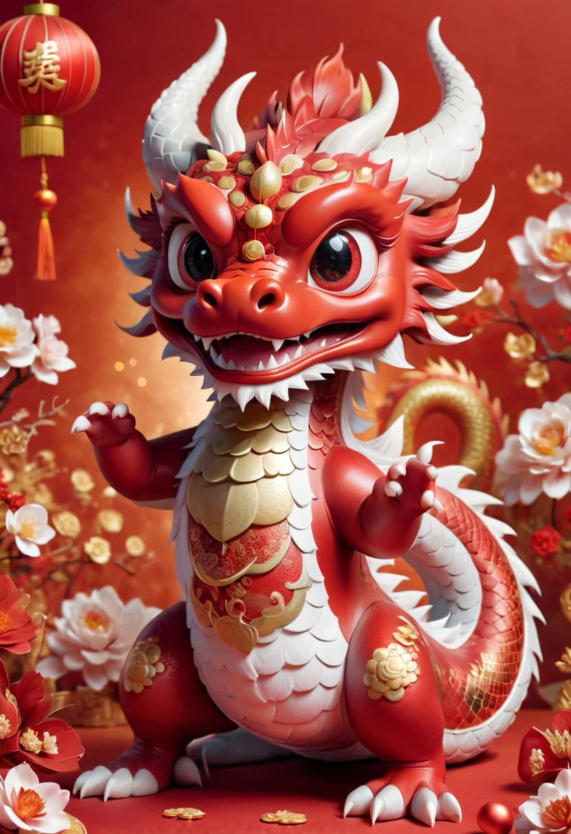 Chinese dragon,Q version,Cute little dragon,Red space,festive atmosphere,Chinese New Year,CNY,Chinese elements,Cartoon,Cute pet,Lively