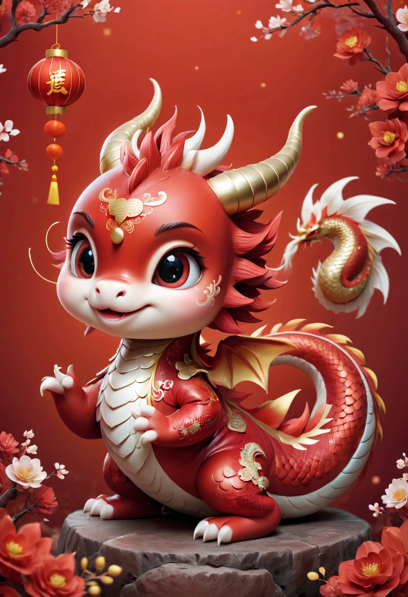 Chinese dragon，Q version，Cute little dragon，Red space，festive atmosphere，Chinese New Year，CNY，Chinese elements，Cartoon，Cute pet，Lively