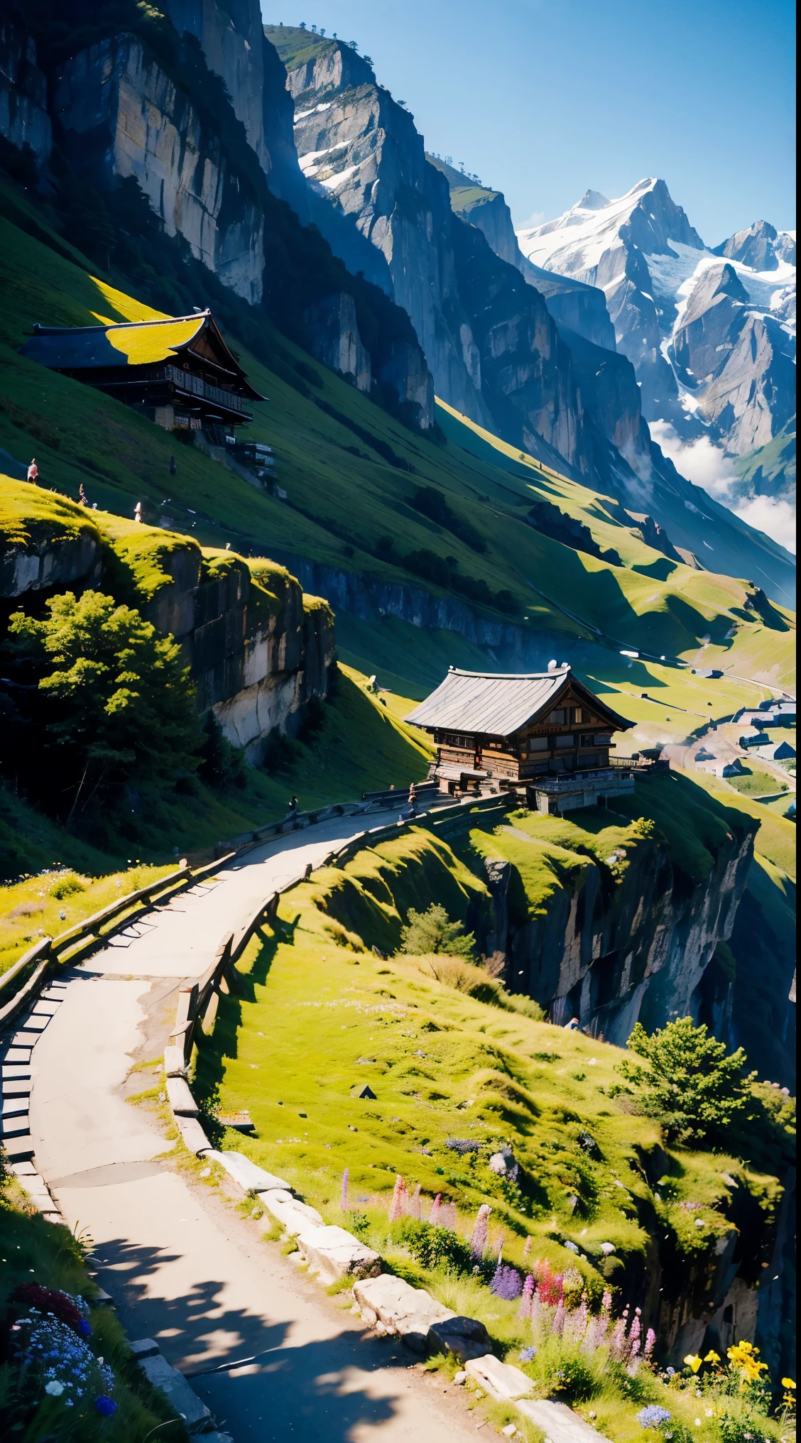 masutepiece、top-quality、A hyper-realistic、Photorealsitic、Climbers looking up at the mountain huts that stand along the mountainside on the steep summer mountain cliffs、Log Houses、Many colorful flowers of the season are in full bloom