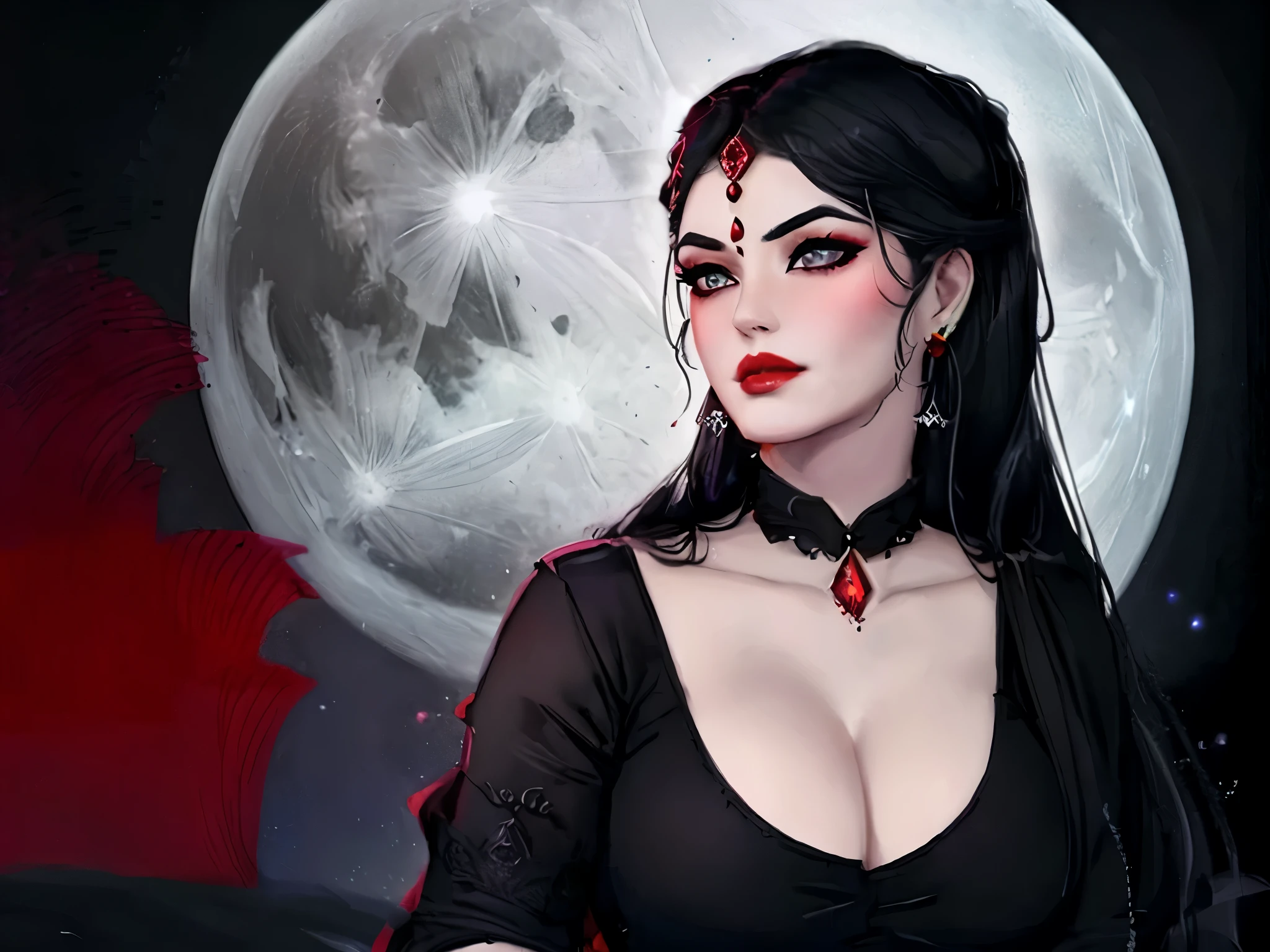 a woman with long black hair and a full moon in the background, 8k high quality detailed art, beautiful fantasy art portrait, beautiful character painting, beautiful fantasy portrait, (red lips), charlie bowater rich deep colors, fantasy art style, in the art style of bowater, 8k stunning artwork, beautiful digital illustration, neoartcore and charlie bowater, fantasy art portrait, ((wearing black saree)), ((red bindi)), ((red bindi between the eyebrows))
