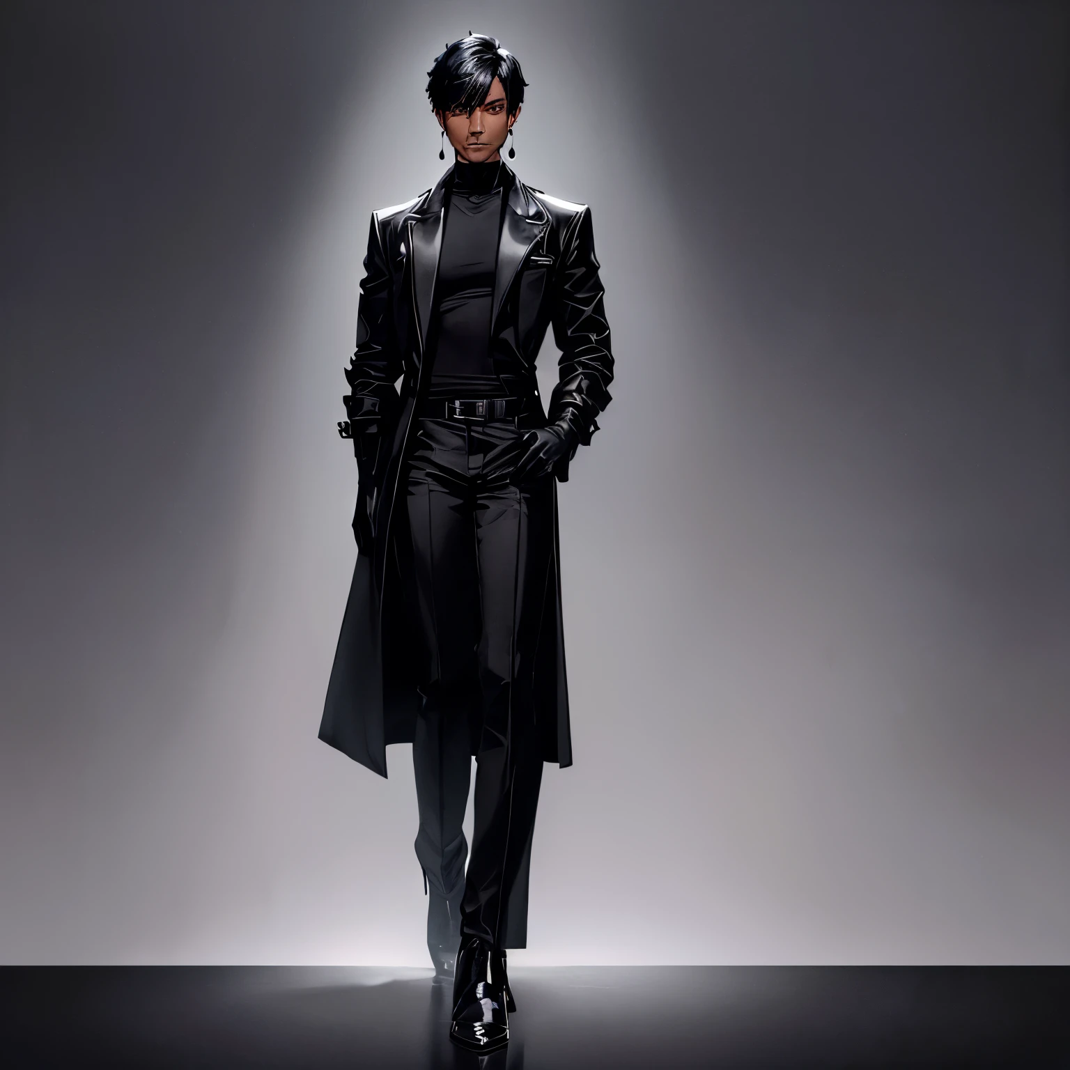 1man, (((male))), (((solo))), (((dark-skinned))), (((youthful))), (((serious))), (((short black hair, 90's style))), (((black trousers, black top, long black coat))), (((black gloves))), (((black high heel boots))), (((black earrings))), (((standing))), (((looking at viewer))), (((plain black background)))