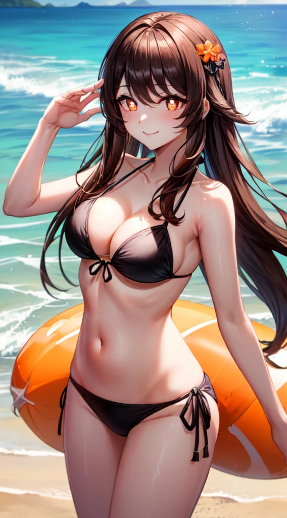 (masterpiece, top quality, best quality, official art, beautiful and aesthetic, picture-perfect:1.4), (looking at viewer, cowboy shot:1), 1girl, solo, Hu Tao, hutaodef, (brown hair, bangs, long hair:1.2), (orange eyes, shining orange eyes, symbol-shaped pupils:1.3), (smile, closed mouth:1.2), (black bikini, beach:1.4),