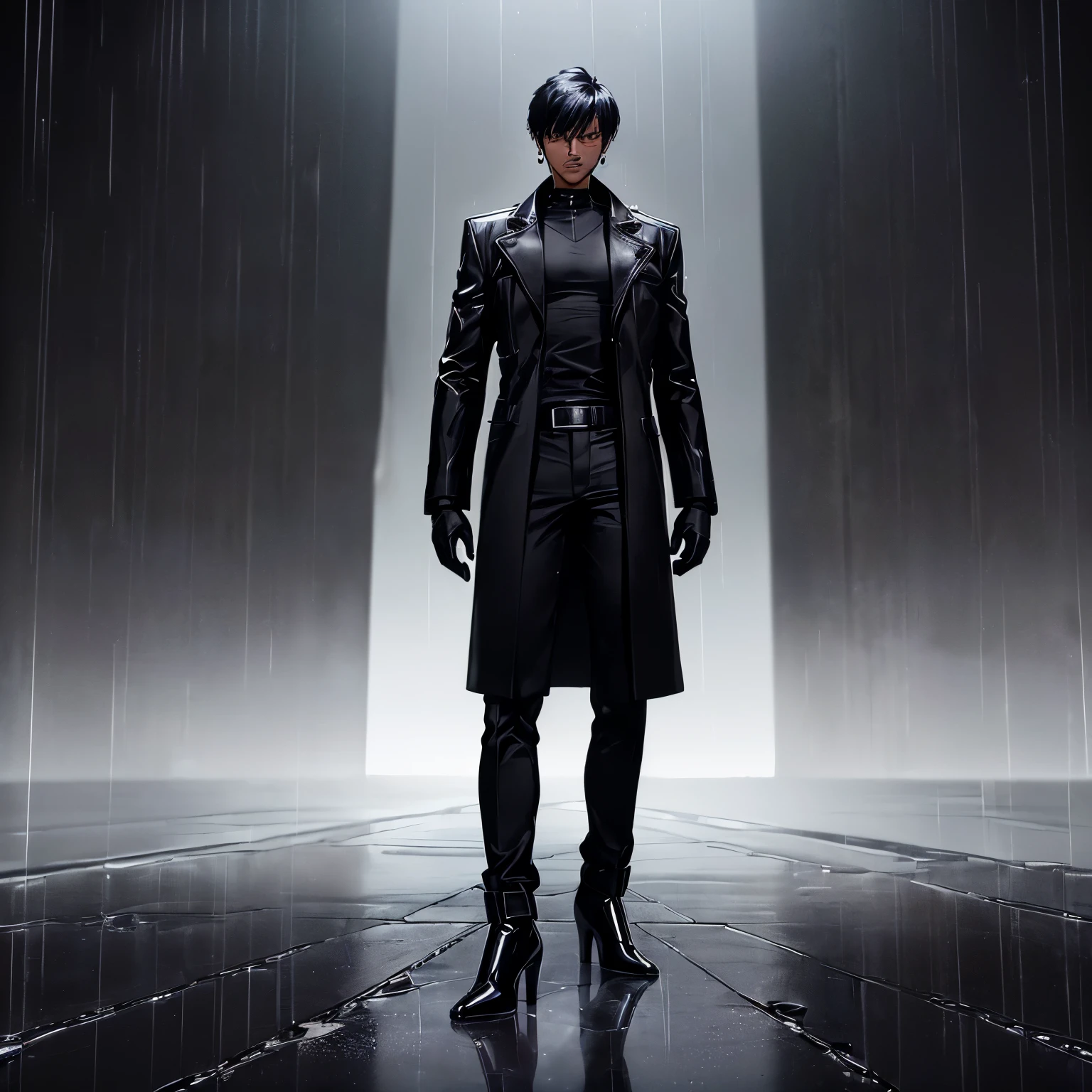 1man, (((male))), (((solo))), (((dark-skinned))), (((youthful))), (((serious))), (((short black hair, 90's style))), (((black trousers, black top, long black coat))), (((black gloves))), (((black high heel boots))), (((black earrings))), (((standing))), (((looking at viewer))), (((plain black background))), (((glossy reflective floor))), (((rain)))