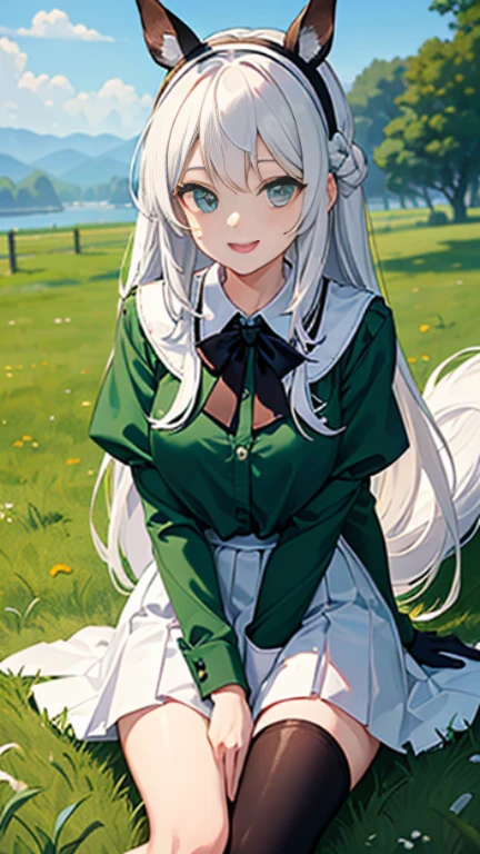 Asuzuka, long hair, animal ears, ear covers, white hair band, horse tail, green sailor collar, black bow, white shirt, Layered sleeves, green sleeve, black gloves, white skirt, black pantyhose,grass、Crotch crack sitting、laughter、(look at viewer:1.4)