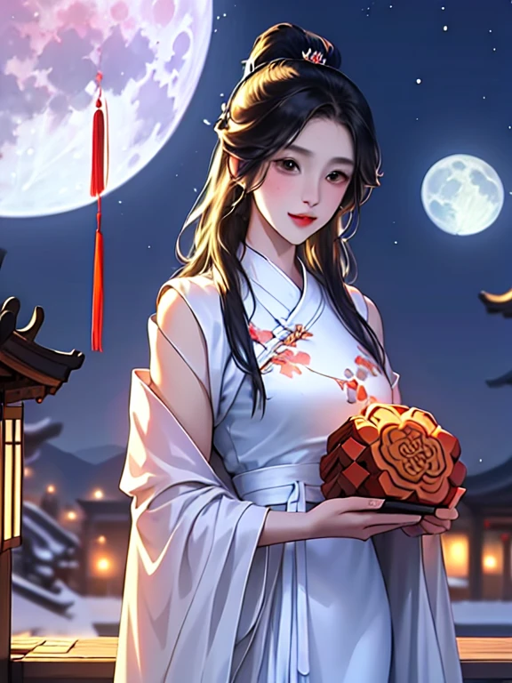 (A girl is in the garden,Moon,change,Moon cake,edgBunny),Best quality at best,ultra - detailed,actual:1.37,illustratio,Traditional chinese painting,harmonious colors,gentlesoftlighting