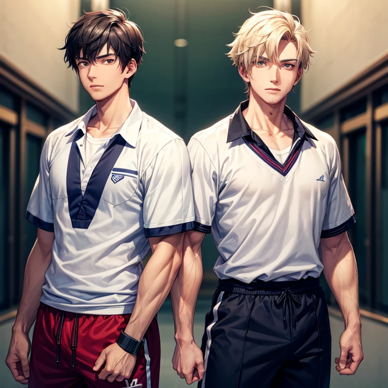 Two male school boys, jokies, macular, male, boy, (no glasses) masculine, jocks, (sporty clothes, full shirt) bumping fist, high quality, no blur, no extra limbs