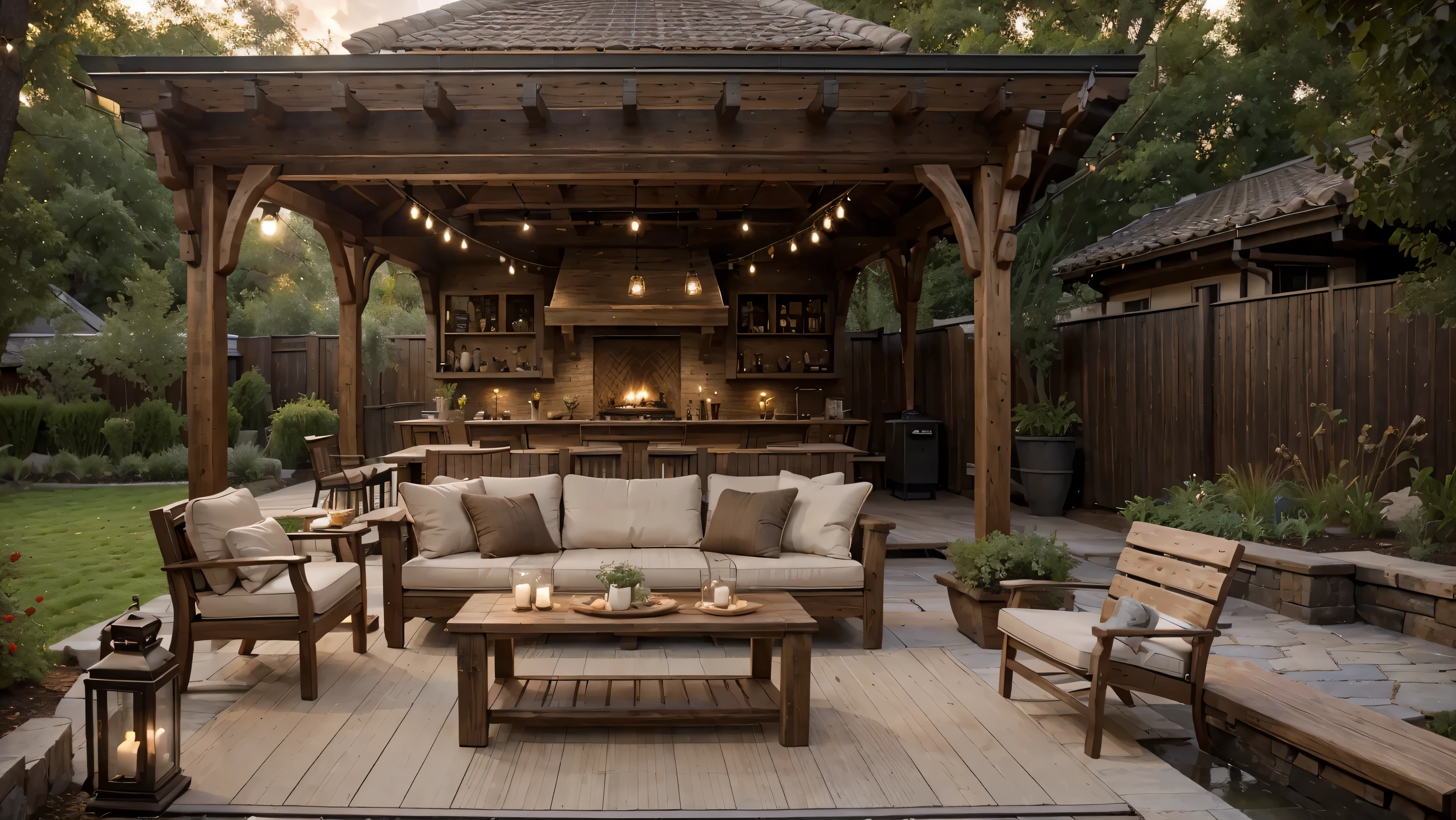 An image of a gourmet space that exudes warmth and coziness, where every detail resonates with the beauty of rustic style. As texturas convidativas da madeira envelhecida e da pedra natural combinam, providing a feeling of connection with nature. A churrasqueira central, atemporal em seu charme, Tira os holofotes. furniture, com almofadas generosas em tons de terra, acena para relaxamento. The outdoor dining area, under a wooden pergola, offers a perfect setting for memorable moments. subtle lighting, accentuating architectural contours, completes the cozy atmosphere with a touch of cinematic realism.