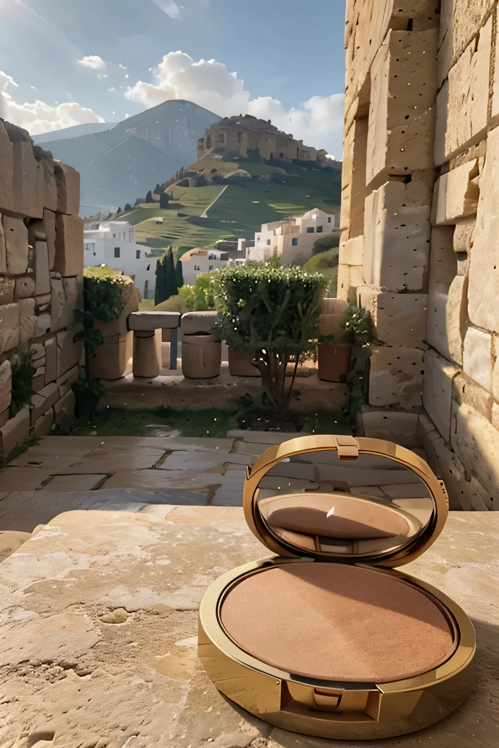a landscape of ancient Greece, having a view of the agoras in the background with a product in the middle of the image, an illuminating powder, I want realistic features with a warm atmosphere and something for the highlighter powder to be on top and centered