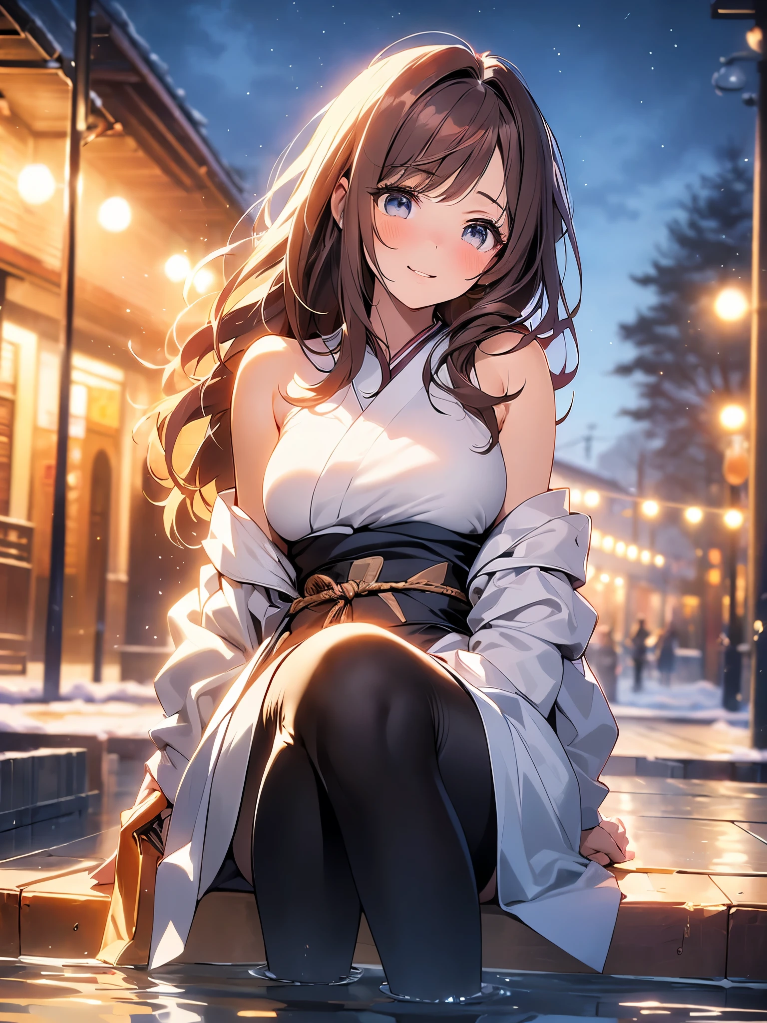 ((masterpiece, best quality, high resolution, ultra high definition, Pixel perfect, depth of field, 4K, RTX, human development report))), 1girl in, single, alone, Beauty、see whole body、 ((Long hair to waist, Short Liuhai, reddish brown hair)), ((blue eyes, beautiful eyelashes, realistic eyes)), ((Detailed face, blush:1.2)), ((smooth texture:0.75, lifelike质感:0.65, lifelike:1.1, Anime CG style)), medium breasts, Perfect body, ((Pink Japanese kimono, bare shoulders ,Black tights)), A confident smile, Sitting sideways on a chair, Look down from above、(The wind is strong and blows my hair,exposed thighs、Black tights) , Night view hot spring,Snowy nights