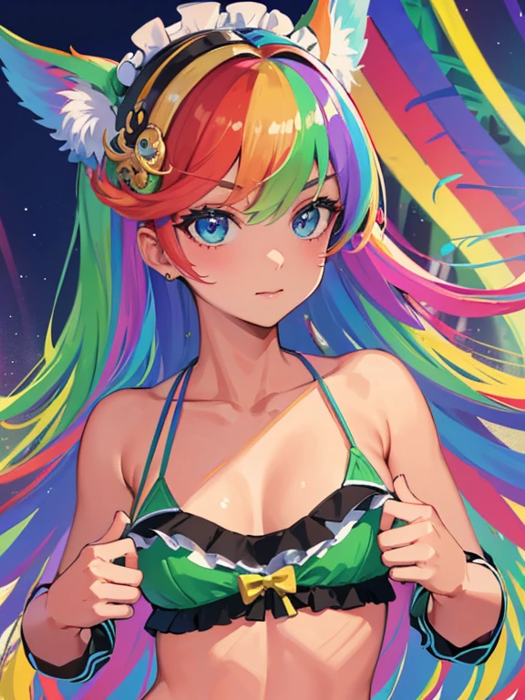 (masterpiece, high quality, high resolution, absurd, super detailed, High saturation、8k),real:1.5,solo,( frilled bikini),cute face,neat and clean、rainbow hair,colorful