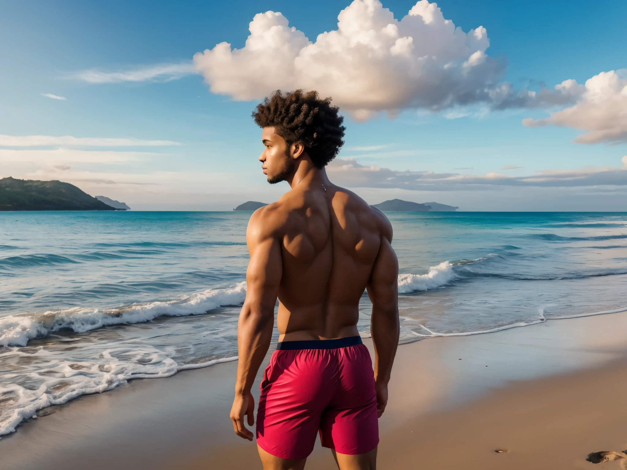 1 man standing, on beach, sexy lightskin black man, short curly afro, from the back, man facing forward, looking away from camera, skinny, alone, 25 years old, bubble butt, big toned ass, tight swim trunks, alone, scenic beach landscape,
