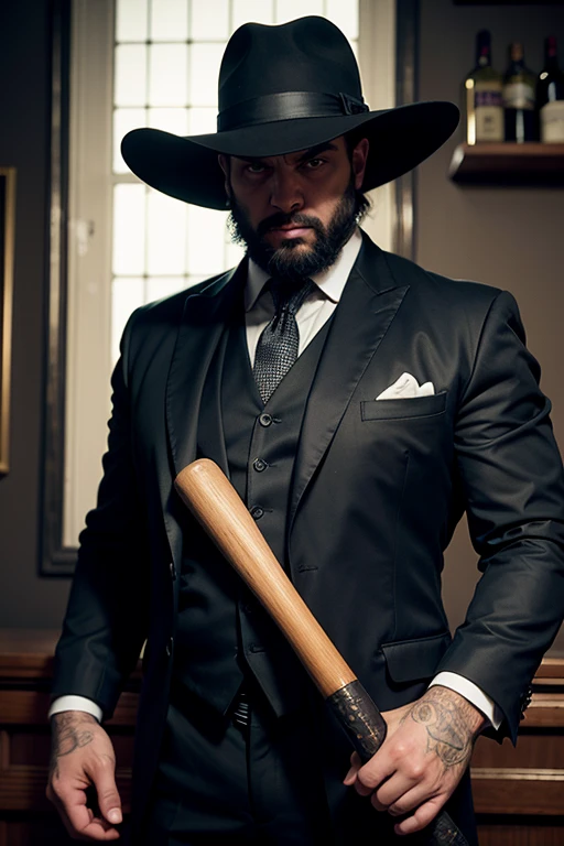 Huge man, gangster, black hat with brim in the style of the 30s, strict black suit, in an old bar, threatens with a baseball bat, eye contact, looks at the viewer, masterpiece, best quality, perfect detail, perfect face detail, perfect eye detail, perfect detail skin, depth of field, ideal lighting
