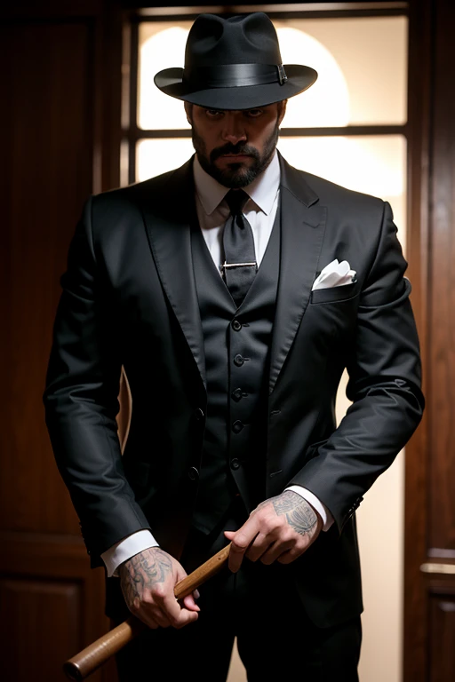 Huge man, gangster, black hat with brim in the style of the 30s, strict black suit, in an old bar, threatens with a baseball bat, eye contact, looks at the viewer, masterpiece, best quality, perfect detail, perfect face detail, perfect eye detail, perfect detail skin, depth of field, ideal lighting