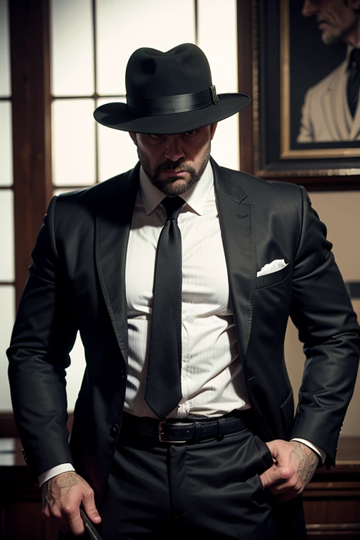 Huge man, gangster, black hat with brim in the style of the 30s, strict black suit, in an old bar, threatens with a baseball bat, eye contact, looks at the viewer, masterpiece, best quality, perfect detail, perfect face detail, perfect eye detail, perfect detail  skin, depth of field, ideal lighting