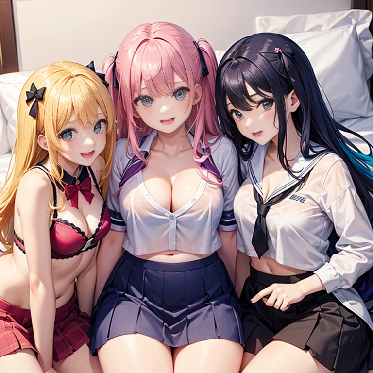 Angle from above、girls sandwich、Three girls are depicted、colorful hair、beautiful girl、highest quality、laughter、beautiful girl、masterpiece、High-definition images、The belly button is visible、colorful school uniform、cleavage exposure、Thigh emphasis、see-through clothes、on the bed