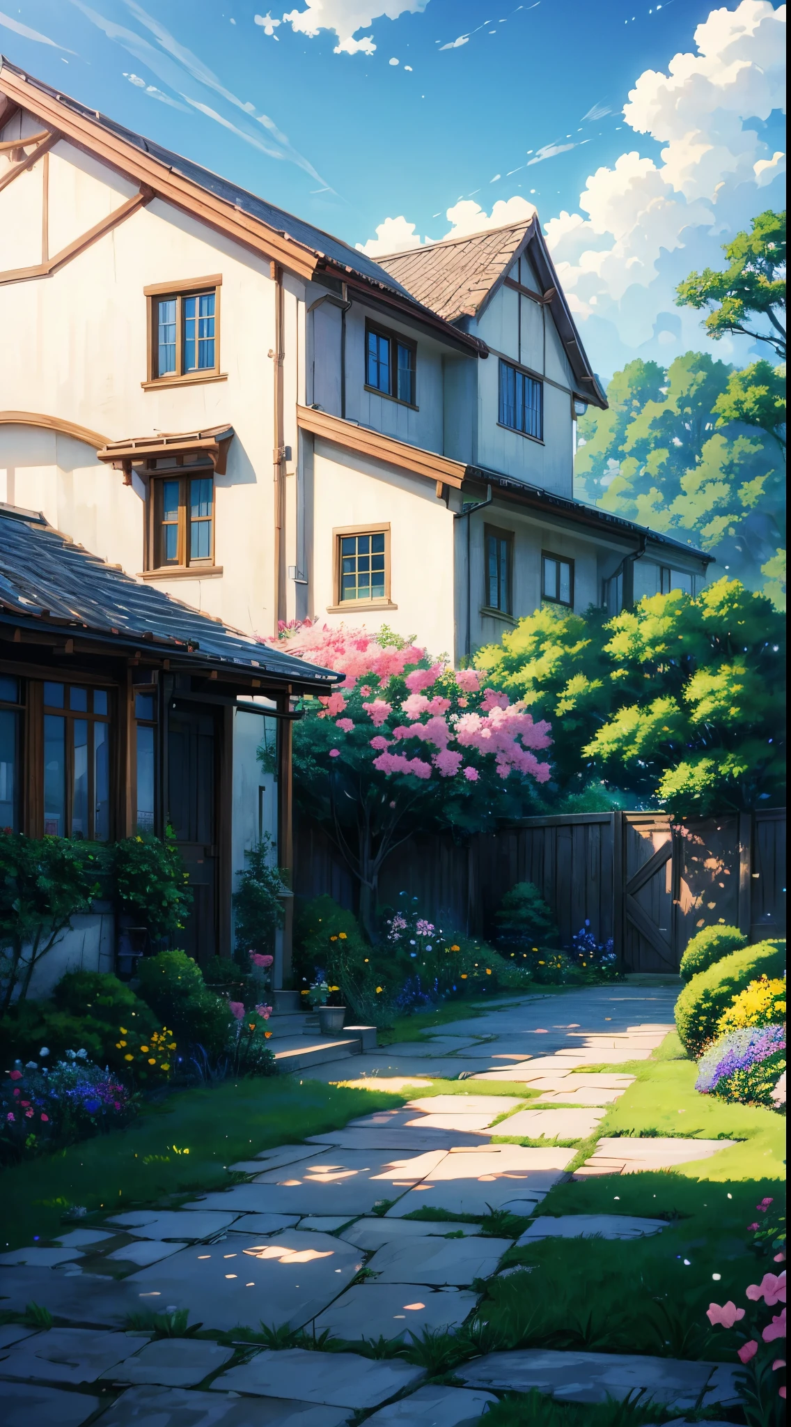 anime scenery of a house with a garden and a pathway, beautiful anime scene, anime background art, beautiful anime scenery, anime beautiful peace scene, anime scenery, anime background, anime nature wallpap, cottagecore!!, cloudy sky, blue sky, saturated, flowers, anime countryside landscape, anime nature, studio glibly makoto shinkai, realistic garden, beautiful detailed scene, style of makoto shinkai