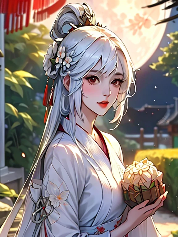 (A girl in white Hanfu in the garden,moon,Altera,Moon cake,Horned Rabbit),best quality,Super detailed,actual:1.37,illustration,traditional Chinese painting,of colors,soft light