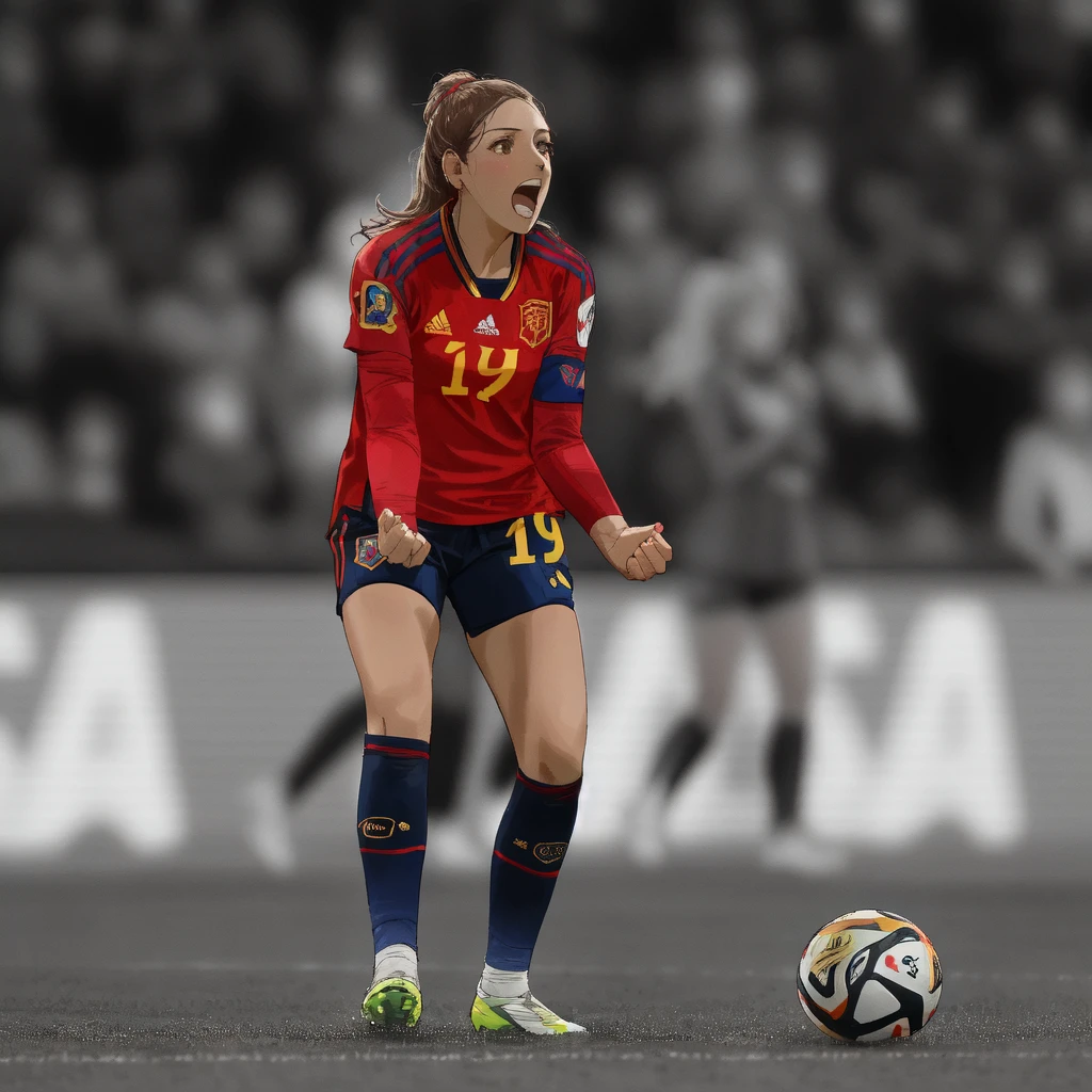 araffe female soccer player in red and blue uniform with soccer ball, spain rodriguez, inspired by Eva Gonzalès, caroline gariba, inspired by Christen Dalsgaard, simona sbaffi is the captain, 🇺🇦, end of an era, julia fuentes, valentina remenar, inspired by Oswaldo Viteri, edited