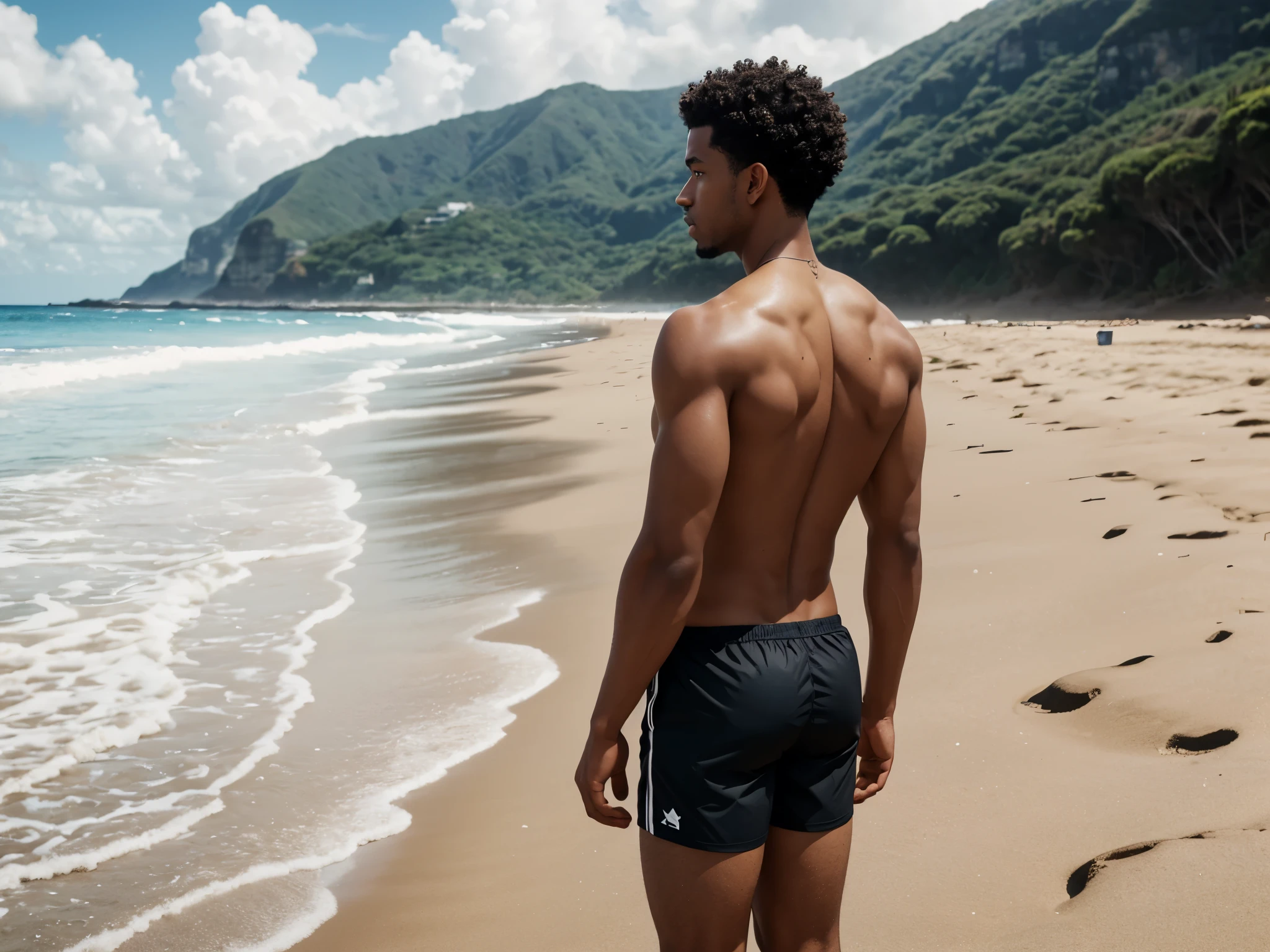 1 man standing looking away from camera, on beach, sexy lightskin black man, short curly hair, from the back, man facing forward, looking away from camera, skinny, alone, 25 years old, bubble butt, big toned ass, tight swim trunks, alone, scenic beach landscape, 