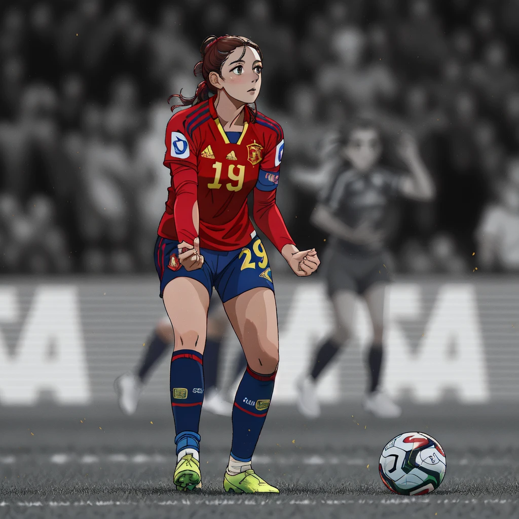 araffe female soccer player in red and blue uniform with soccer ball, spain rodriguez, inspired by Eva Gonzalès, caroline gariba, inspired by Christen Dalsgaard, simona sbaffi is the captain, 🇺🇦, end of an era, julia fuentes, valentina remenar, inspired by Oswaldo Viteri, edited