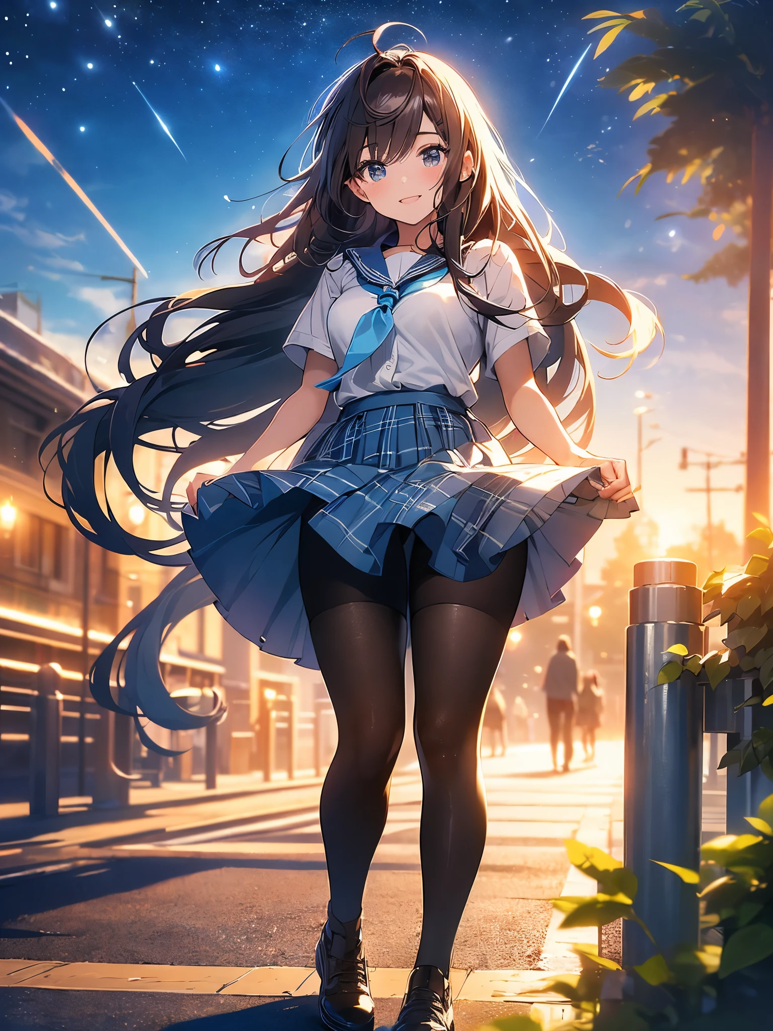 ((masterpiece, best quality, high resolution, ultra high definition, Pixel perfect, depth of field, 4K, RTX, human development report))), 1girl in, single, alone, Beauty、see whole body、 ((Long hair to waist, Short Liuhai, reddish brown hair)), ((blue eyes, beautiful eyelashes, realistic eyes)), ((Detailed face, blush:1.2)), ((smooth texture:0.75, lifelike质感:0.65, lifelike:1.1, Anime CG style)), medium breasts, Perfect body, ((short sleeve shirt, light blue skirt, Plaid skirt,Black tights)), smile in love, body leaning against railing, Look down from above、(The wind is strong and blows my hair，The chest is exposed、Black tights) , Night view platform