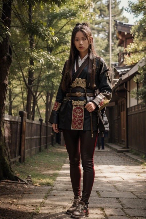 4k, realistic, very detail, there is a girl on a wood, she is a samurai, war theme, soft clothes, long hair, wearing legging, 25 years old, full body, wearing gucci shoes