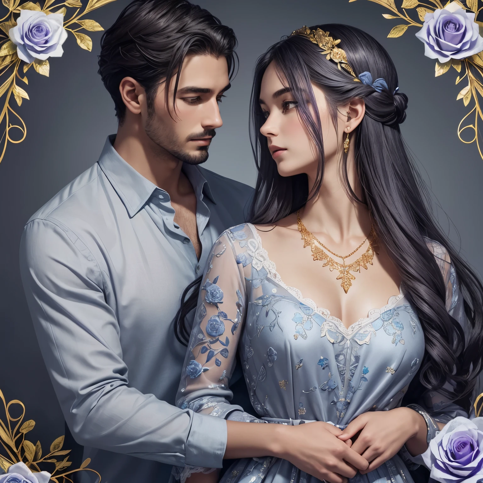 Highly detailed digital art of a man holding a woman and small grey rose from behind, close together. On the edge, intricate gold color vines and white floral designs. The background is blue, purple and gray combinations. A woman wearing a blue dress and diamond necklace. A man wearing an unbutton white shirt