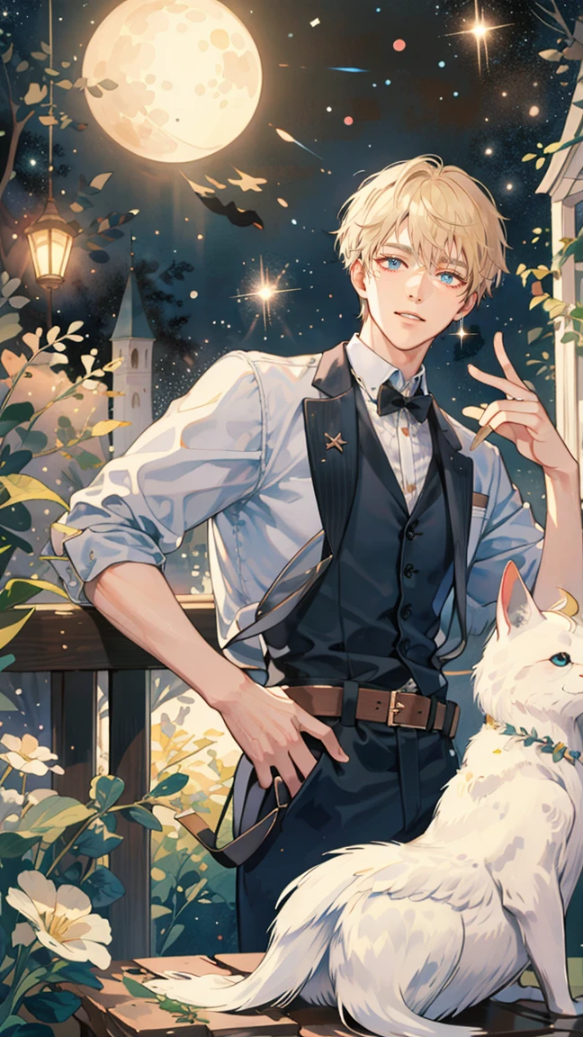 (((masterpiece))),best quality, whitetown,starry sky, 1 man, smile, short blond hair,