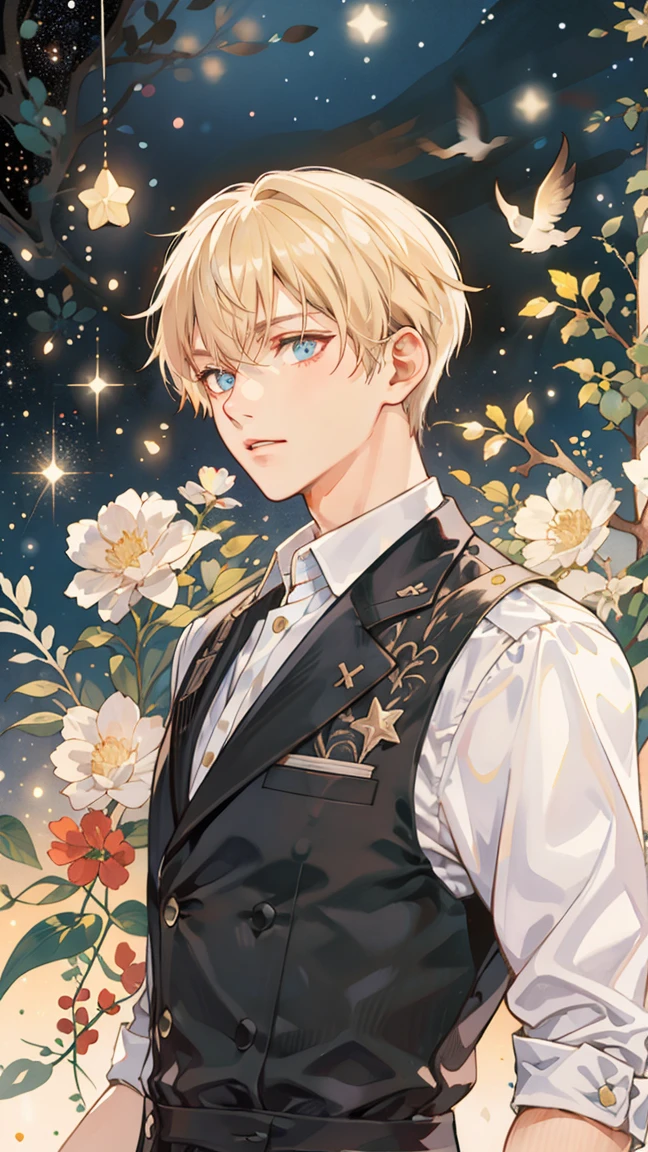 (((masterpiece))),best quality, whitetown,starry sky, 1 man, smile, short blond hair,