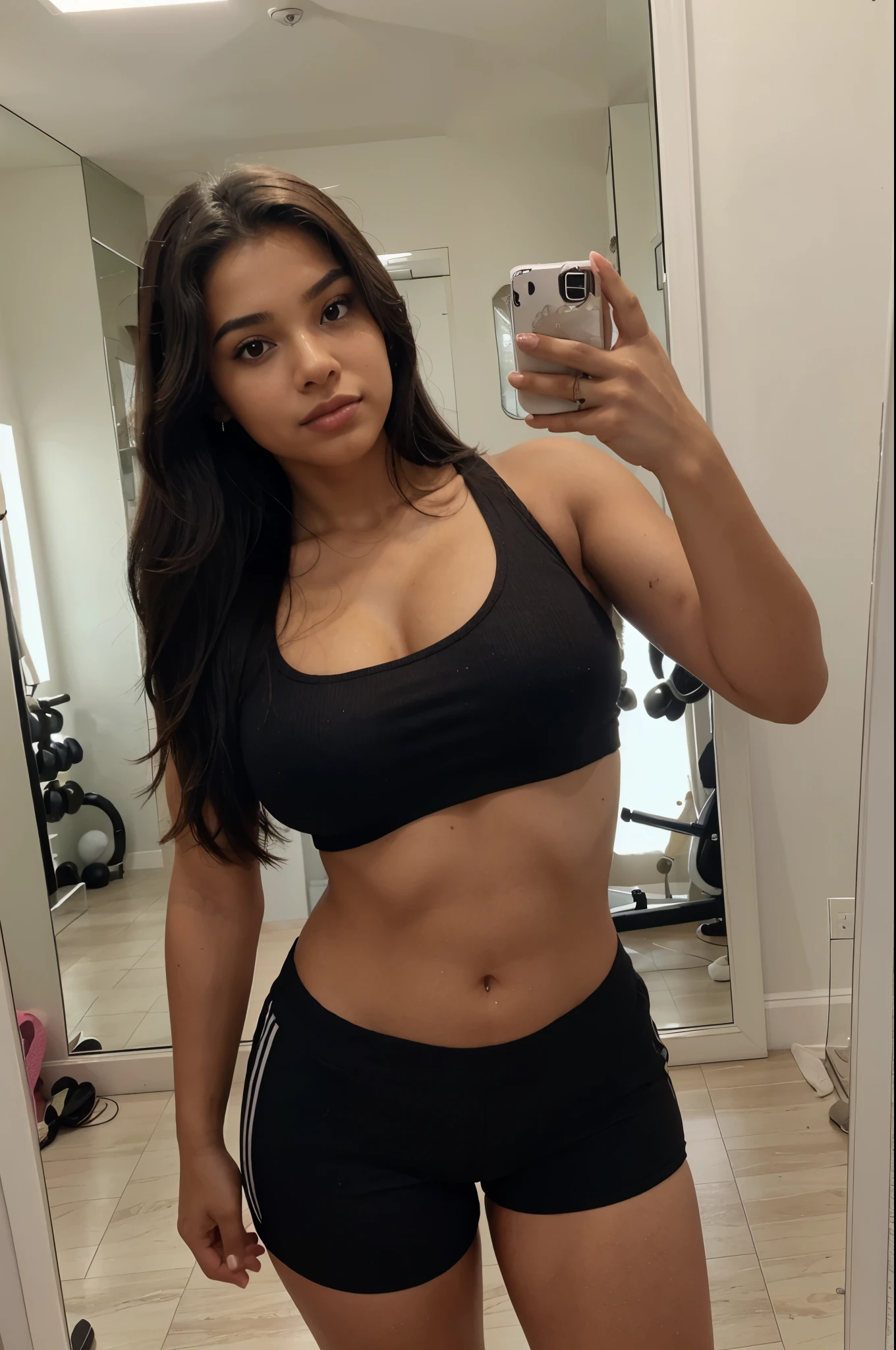 ((Fotografia de mulher latina)), selfie in sexy gym clothes, Fazendo o sinal de paz, pursing lips, pele clara perfeita, cabelo preto curto e ondulado, thin lips, olhos finos, sobrancelhas finas, nariz fino, Brincos, long eyelashes, (sombra vermelha e maquiagem), 8k, detalhes intrincadamente maximalistas, extremamente detalhado, Dimmed lighting, profundidade de campo rasa, Looking at camera
