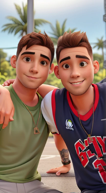 A gay couple who are sitting, o primeiro tem camisa verde e short cinza, he is white and has brown hair, o segundo tem cabelo preto e uma camiseta de basquete preta.