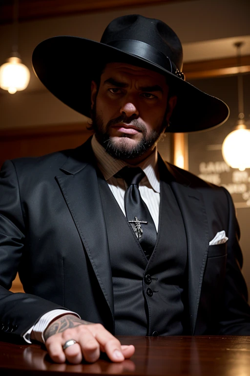 Huge man, gangster, black hat with brim in the style of the 30s, strict black suit, in an old bar, threatens , eye contact, looks at the viewer, masterpiece, best quality, perfect detail, perfect face detail, perfect eye detail, perfect detail skin, depth of field, ideal lighting