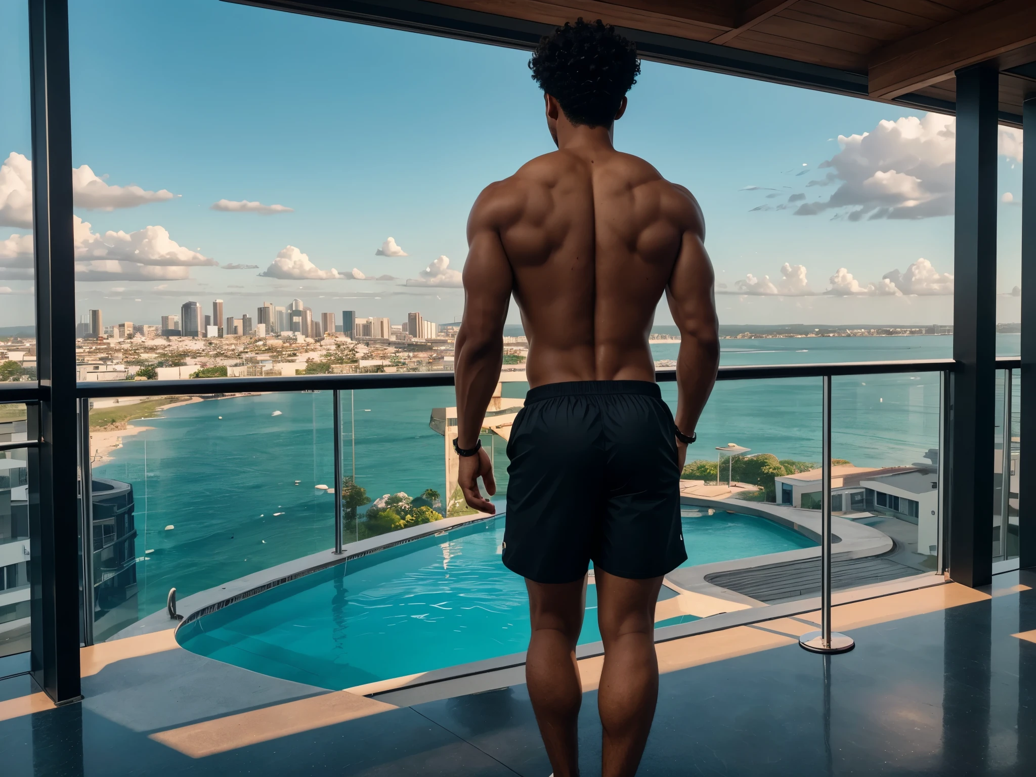 back of man standing from behind, looking out at city, sexy lightskin black man, short curly hair, from the back, skinny, alone, 25 years old, bubble butt, big toned ass, tight swim trunks, alone, scenic urban landscape, vibrant colors, perfect lighting