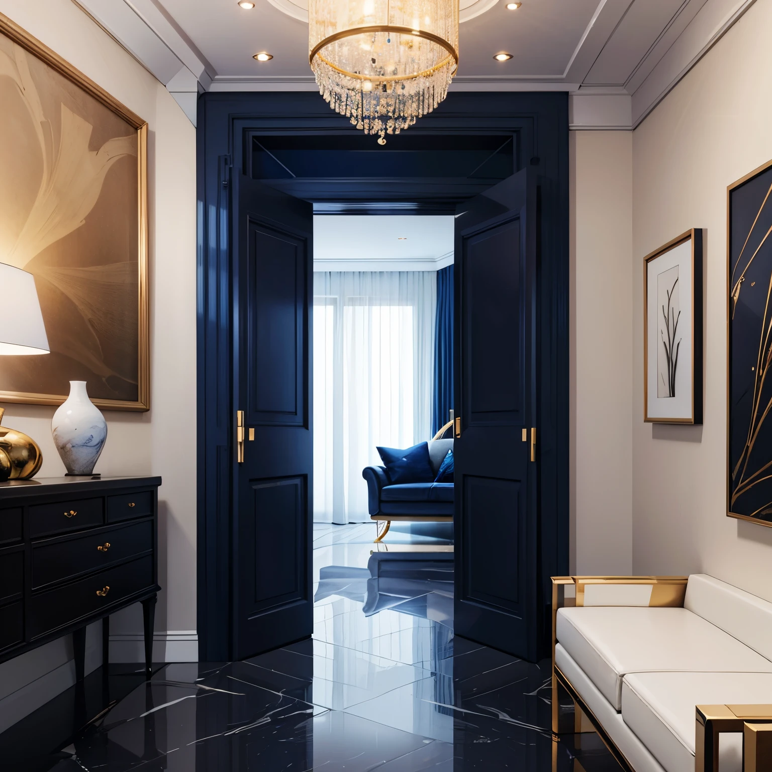 modern minimalist interior design with dark cobalt blue accents and gold accents