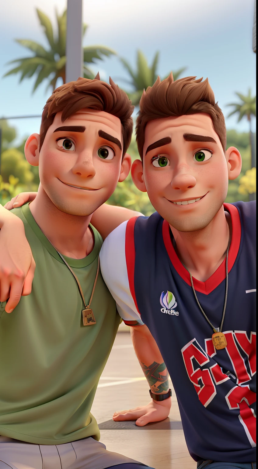 A gay couple who are sitting, o primeiro tem camisa verde e short cinza, he is white and has brown hair, o segundo tem cabelo preto e uma camiseta de basquete preta.