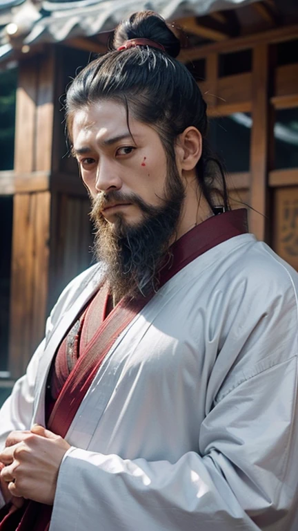 Oda Nobunaga 50 years old bitterness cool beard beard folding fan topknot Honnoji Temple front face red kimono Similar to Shun Oguri short Dignified people々feared by stylish There are scars on the face red and gold kimono