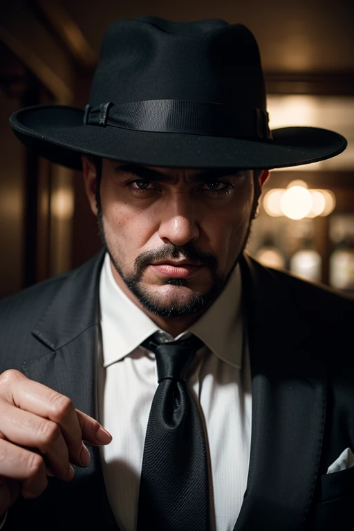 Huge man, gangster, black hat with brim in the style of the 30s, strict black suit, in an old bar, threatens , eye contact, looks at the viewer, masterpiece, best quality, perfect detail, perfect face detail, perfect eye detail, perfect detail  skin, depth of field, ideal lighting