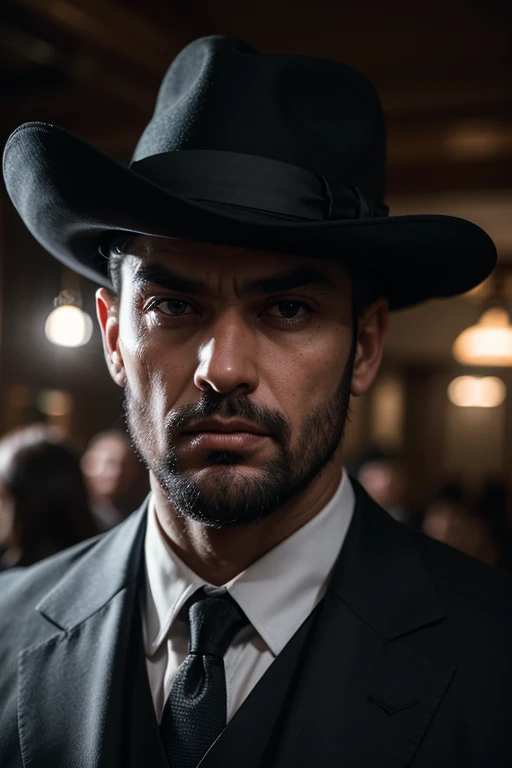 Huge man, gangster, black hat with brim in the style of the 30s, strict black suit, in an old bar, threatens , eye contact, looks at the viewer, masterpiece, best quality, perfect detail, perfect face detail, perfect eye detail, perfect detail  skin, depth of field, ideal lighting