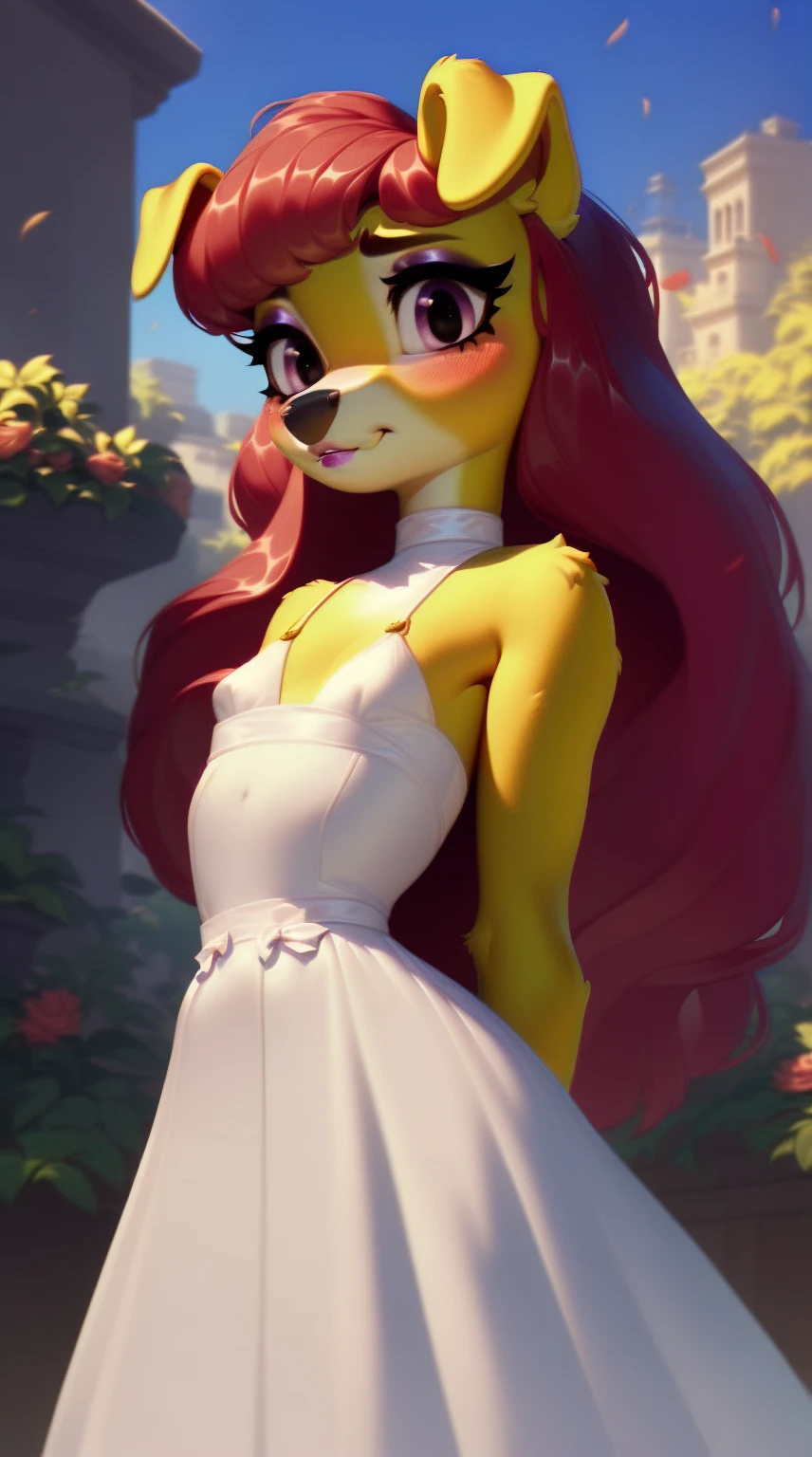 (score_9), (source_ derpibooru_p_95), (young), ((anthro dog :1.1)), (long dress), nervous look, blushing, solo, realistic long hair, bangs, anatomically correct, flat chest, high res, pink bottom lip, extremely detailed, absolutely stunning, makeup, tone body, arms behind back, 