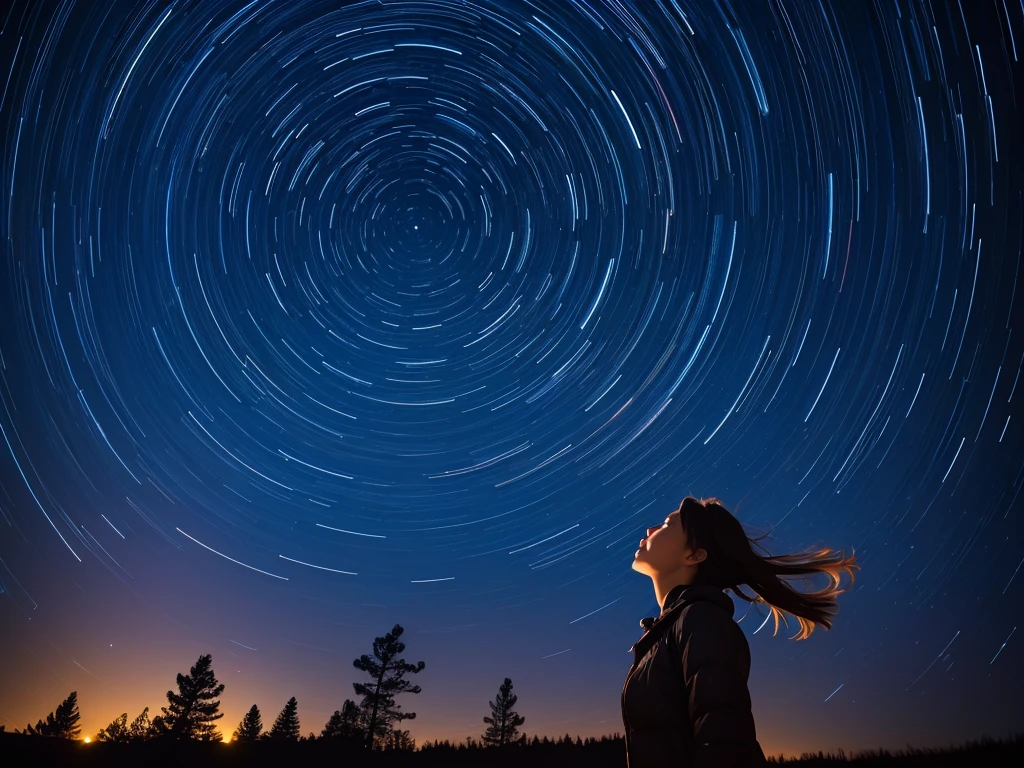 Rotating starry sky, shooting stars, girl looking up at the sky, North Star, star trails with 1 hour exposure