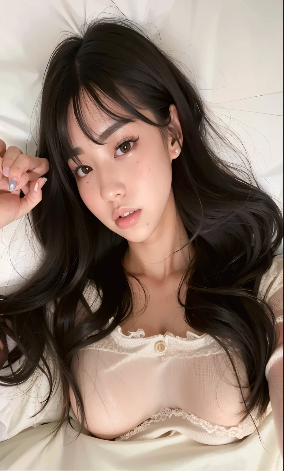 Araffe Asian woman lying in bed with a white sheet, ulzzang, pelo largo con flequillo, pelo largo con flequillo completo, muchacha coreana, Lalisa Manobal, brown pelo largo con flequillo, cabello limpio con flequillo, hermosa mujer surcoreana, ella tiene el pelo negro con flequillo, hermosa joven coreana, pelo largo y oscuro con flequillo, jaeyeon nam